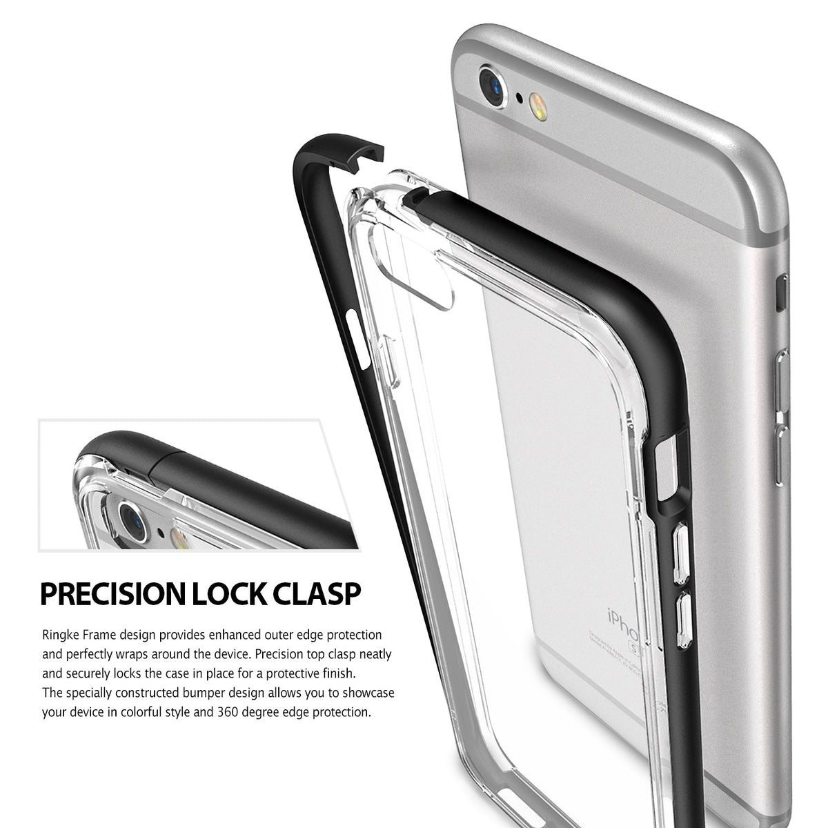 iPhone 6s / 6 Case | Frame - A silver iPhone being inserted into a clear protective case with a black top locking frame.