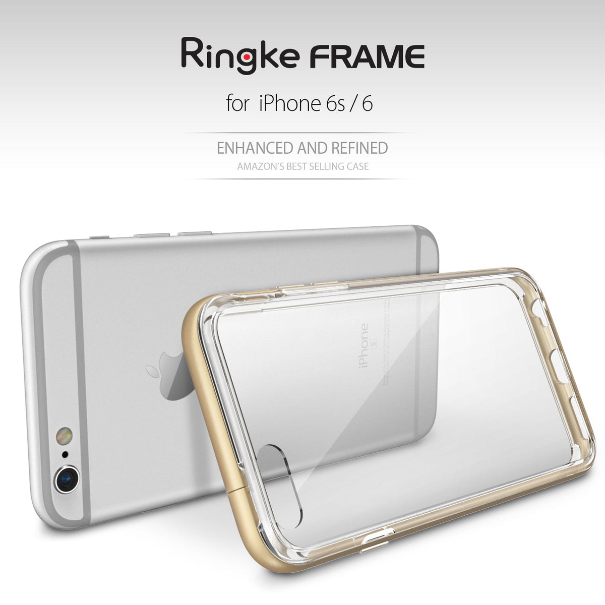iPhone 6s / 6 Case | Frame - Silver iPhone 6s next to a clear protective case with a gold metallic frame.