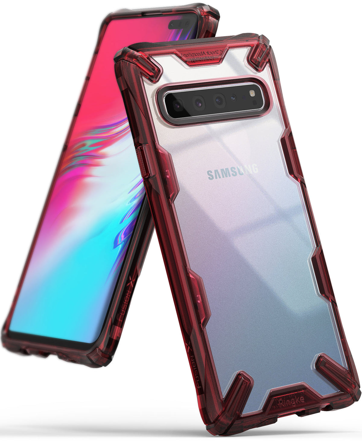 Galaxy S10 5G Case | Fusion-X - Ruby red rugged protective case with a clear back panel on a Samsung Galaxy S10 5G.