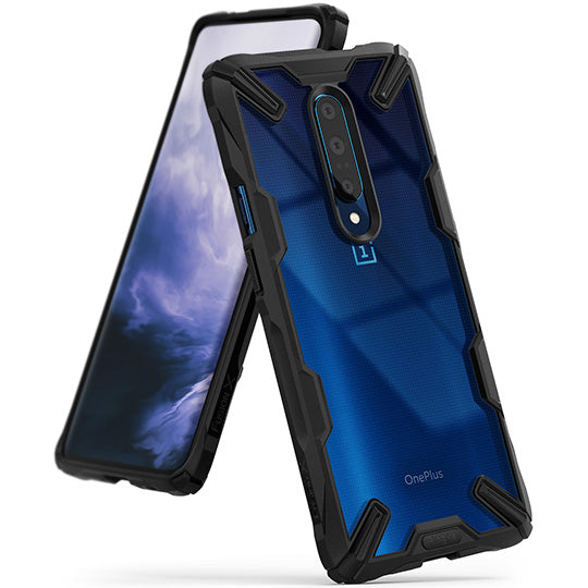 OnePlus 7 Pro Case | Fusion-X - Rugged black protective case with a transparent blue back on a OnePlus 7 Pro smartphone.