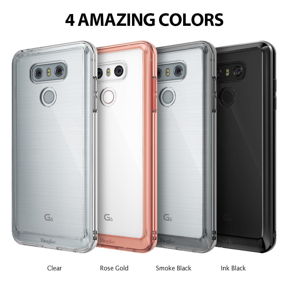 LG G6 Case | Fusion - Four LG G6 phone cases in clear, rose gold, smoke black, and ink black arranged side-by-side.