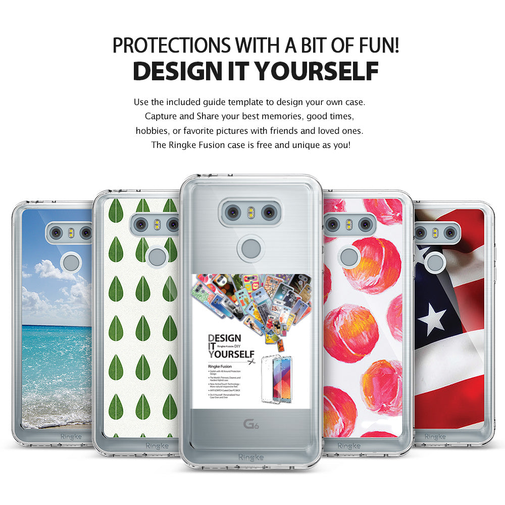LG G6 Case | Fusion - Five clear phone cases displayed with various custom DIY designs including beach, leaf, and flag patterns.