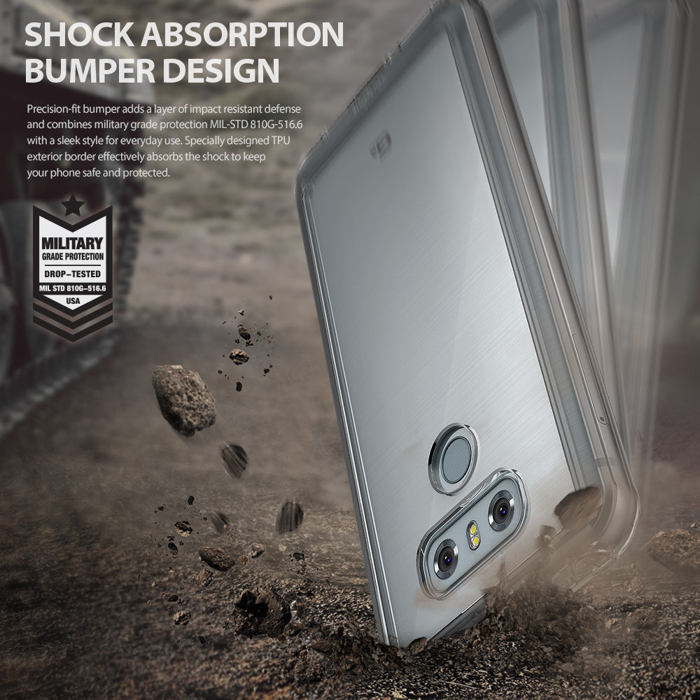 LG G6 Case | Fusion - Clear phone case hitting rocky ground with military-grade drop protection text overlay.
