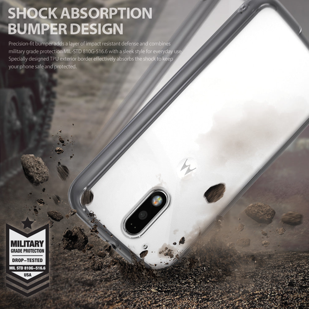 Moto G4 / G4 Plus Case | Fusion - Clear phone case with shock-absorbent bumper, shown hitting dirt with military-grade drop protection.