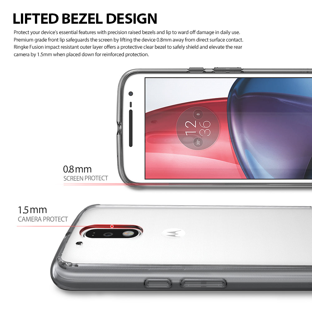 Moto G4 / G4 Plus Case | Fusion - Diagrams showing 0.8mm screen and 1.5mm camera raised bezels for device protection.