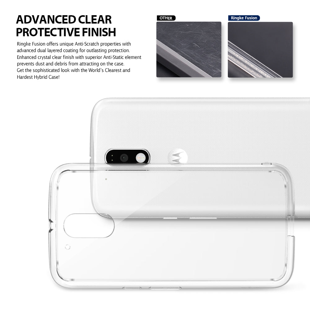 Moto G4 / G4 Plus Case | Fusion - Clear protective phone case shown over a white Moto G4 with scratch-resistance comparison.