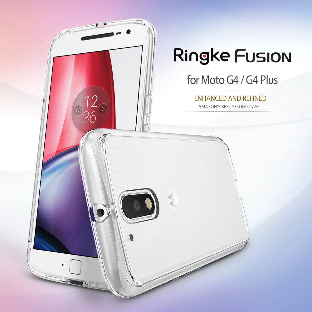 Moto G4 / G4 Plus Case | Fusion - Clear protective phone case shown from front and back angles on a Moto G4 smartphone.
