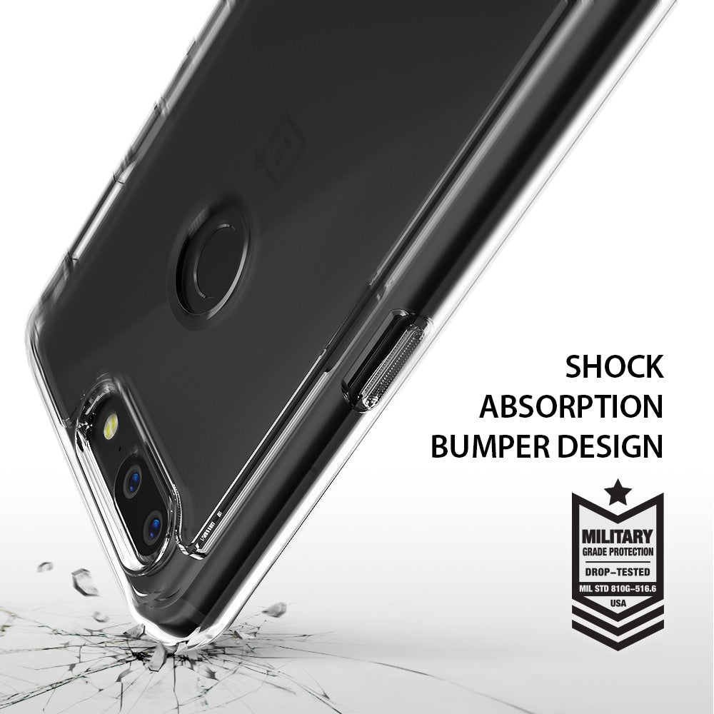 OnePlus 5T Case | Fusion - Clear protective phone case on a cracked surface with a military-grade drop protection badge.