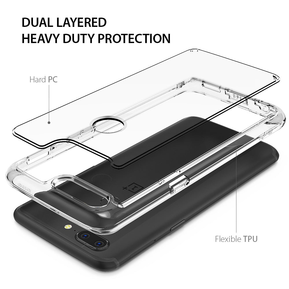 OnePlus 5T Case | Fusion - Exploded view of a clear dual-layer phone case with hard PC back and flexible TPU bumper.