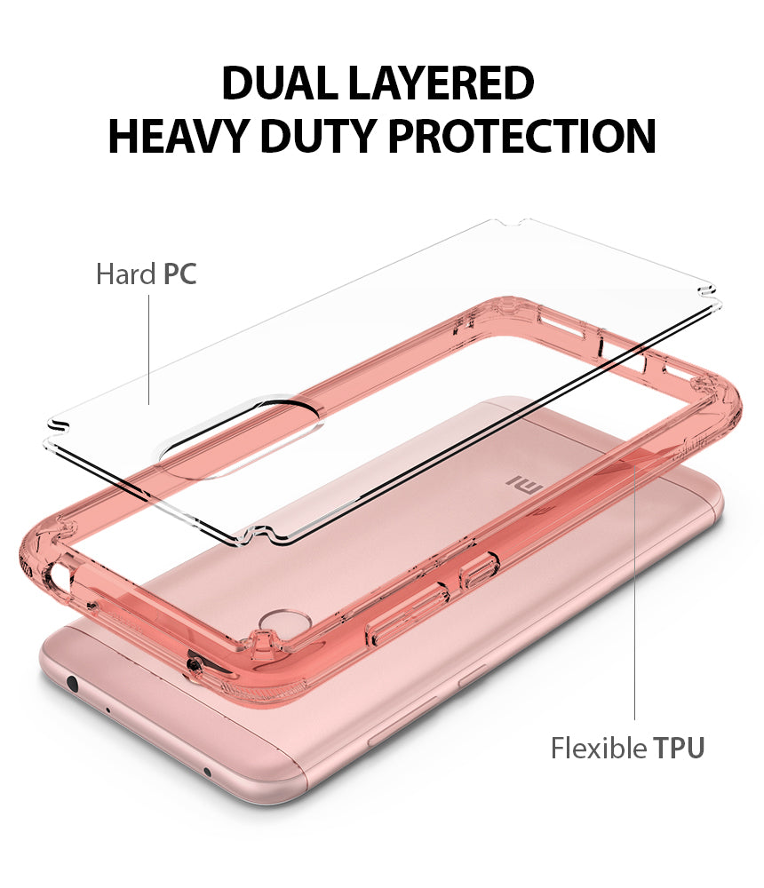 Redmi Note 5 / 5 Plus | Fusion - Exploded view of a rose gold phone case showing a hard PC back and flexible TPU bumper.