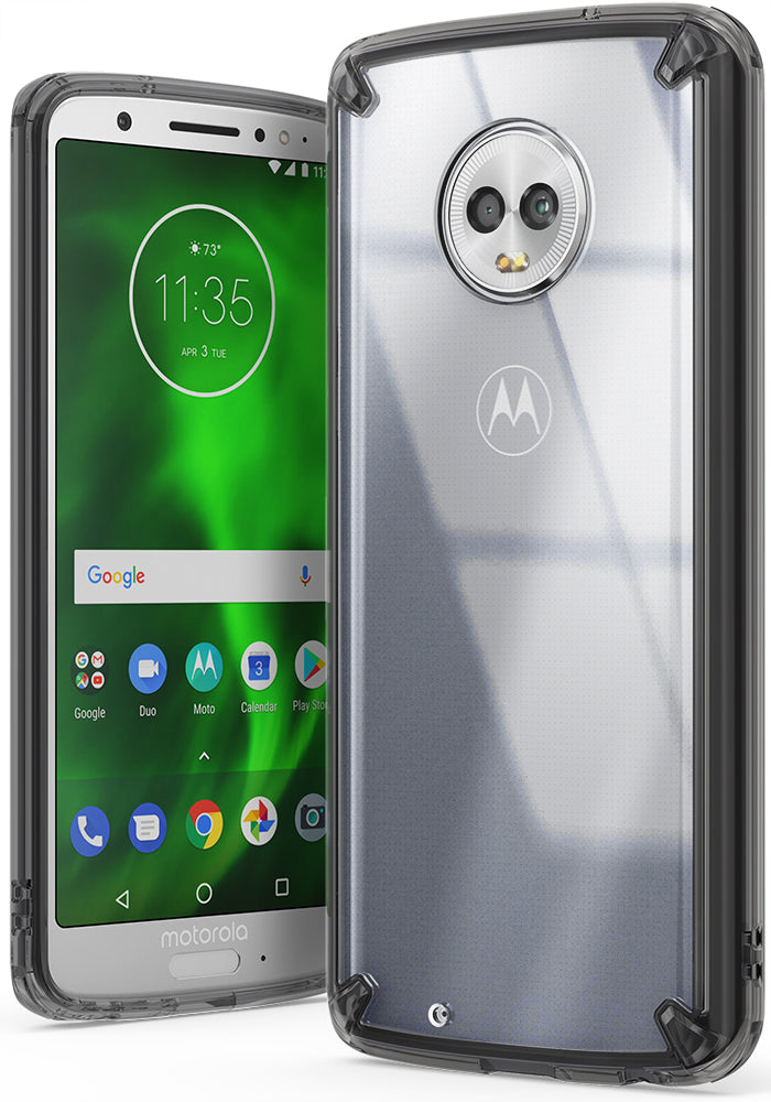 Moto G6 Case | Fusion - Clear phone case with smoke-black bumper on a Moto G6 showing front screen and back camera.