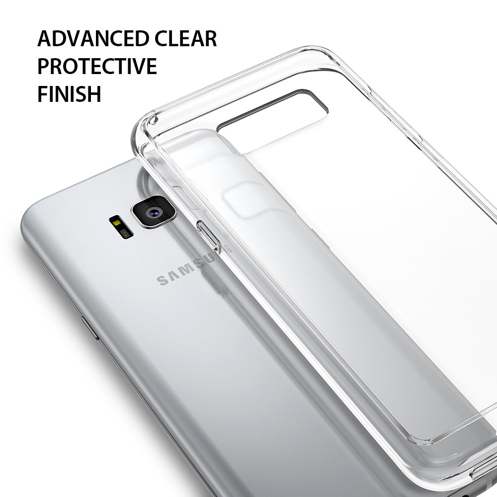Galaxy S8 Case | Fusion - Clear protective case hovering over the back of a silver Samsung Galaxy S8 smartphone.