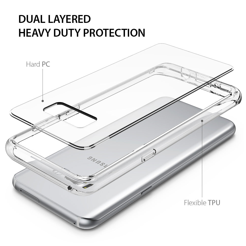 Galaxy S8 Case | Fusion - Exploded view of a clear dual-layer phone case with hard PC and flexible TPU components.