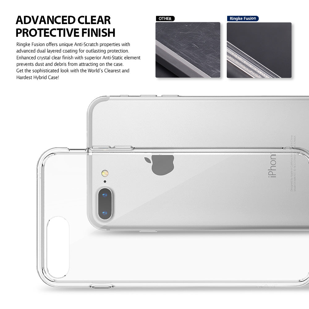 iPhone 8 Plus / 7 Plus Case | Fusion - Clear protective phone case shown on an iPhone, with a scratch-test comparison.