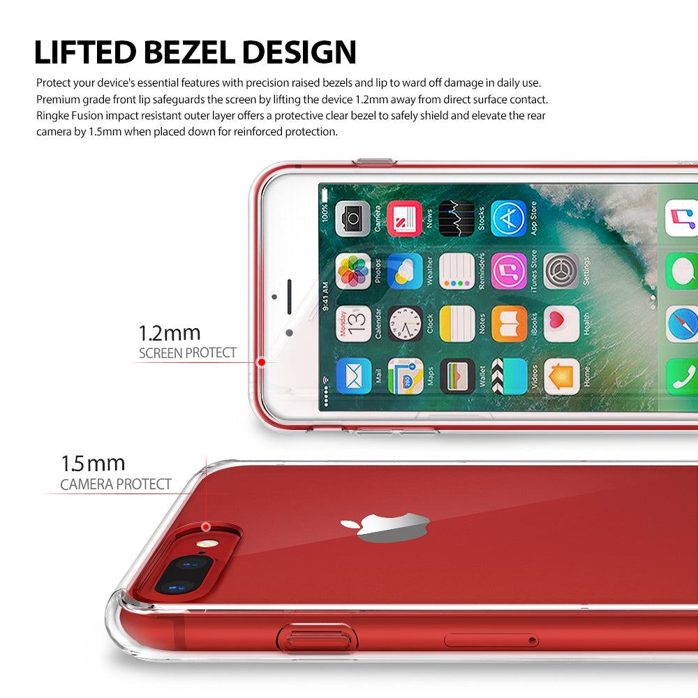 iPhone 8 Plus / 7 Plus Case | Fusion - Diagram showing 1.2mm screen and 1.5mm camera raised bezel protection on a phone.