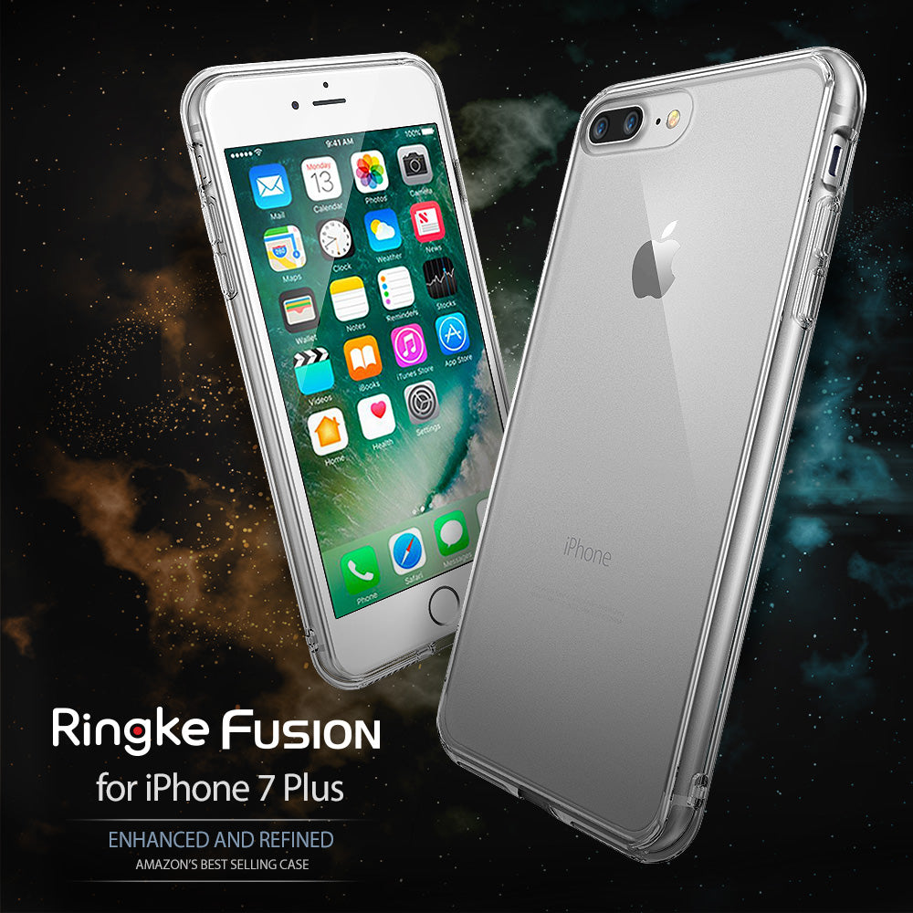 iPhone 8 Plus / 7 Plus Case | Fusion - Clear protective case shown on front and back of an iPhone against a nebula background.