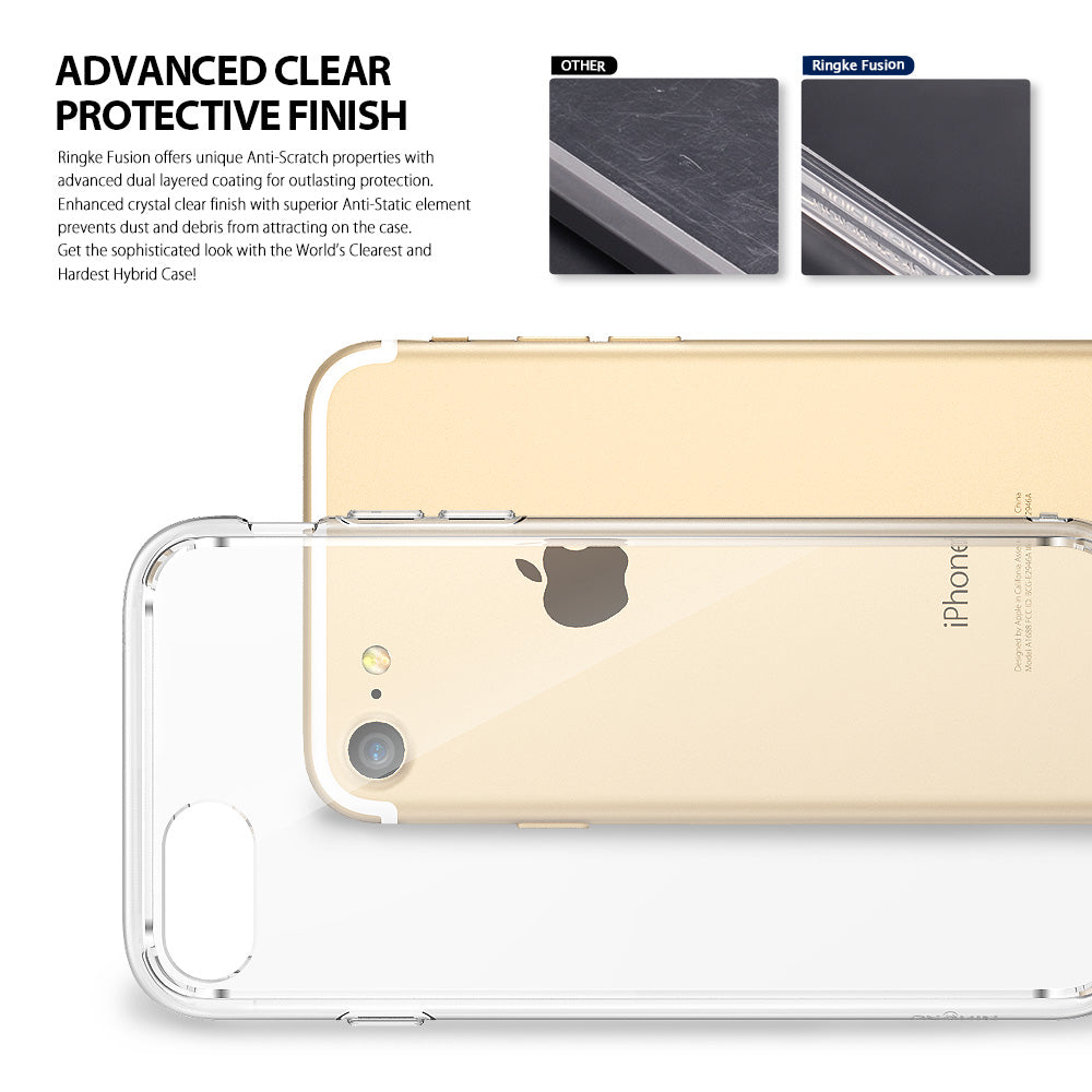 iPhone 8 / 7 / SE 2020 / SE 2022 Case | Fusion - Clear protective case shown over a gold iPhone with scratch comparison.
