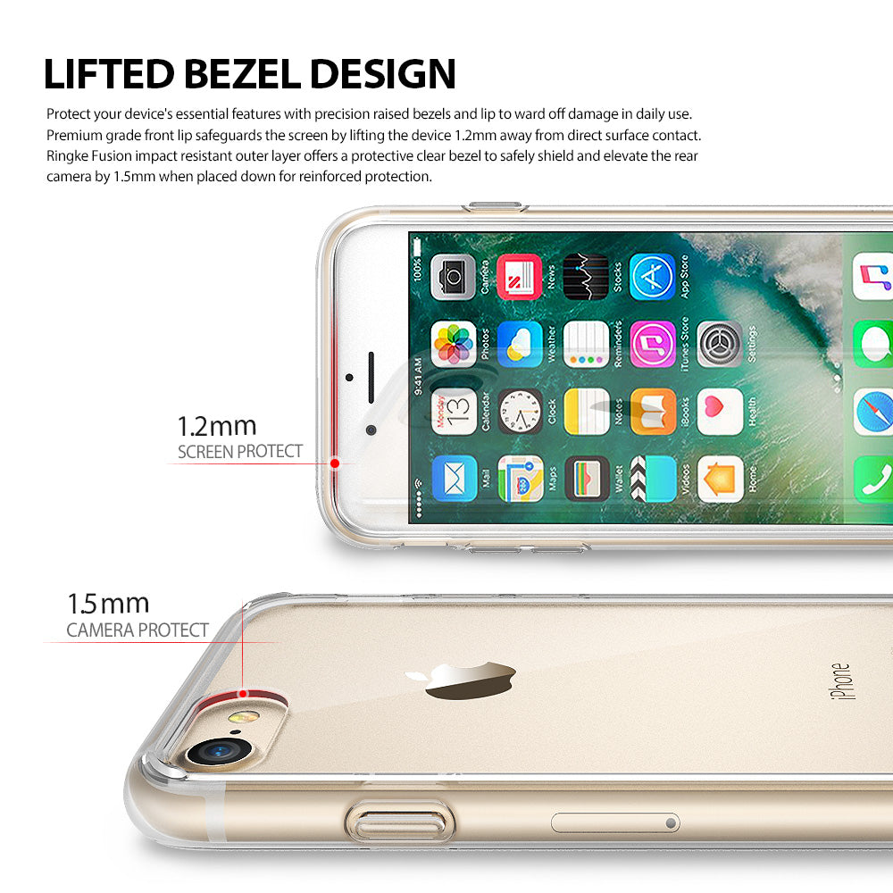 iPhone 8 / 7 / SE 2020 / SE 2022 Case | Fusion - Clear phone case showing 1.2mm screen and 1.5mm camera raised bezels.