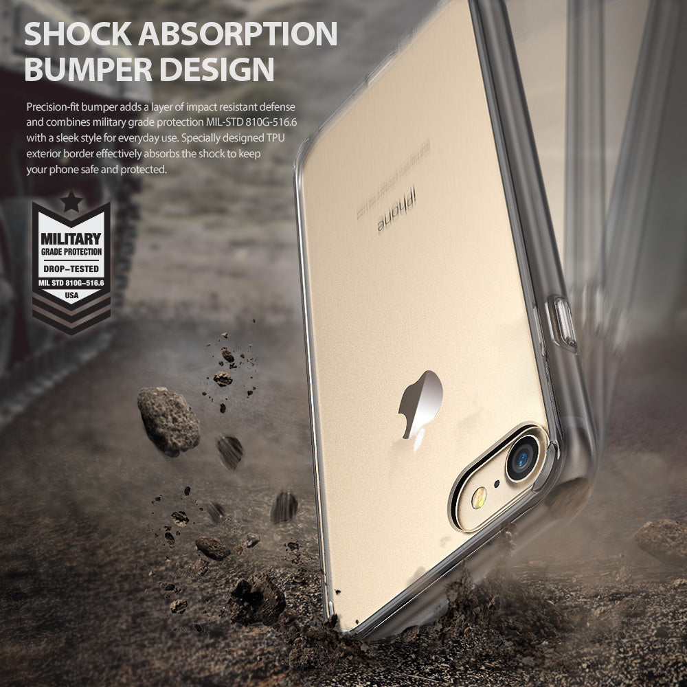 iPhone 8 / 7 / SE 2020 / SE 2022 Case | Fusion - Gold iPhone in a clear protective case hitting dusty ground.