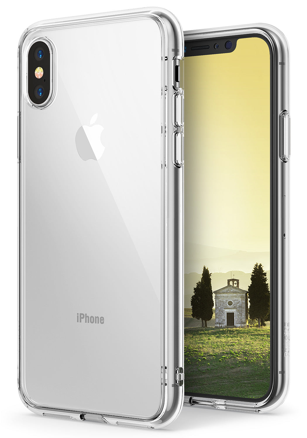 iPhone X Case | Fusion - Clear protective phone case showing the back and front of an iPhone X with a landscape wallpaper.