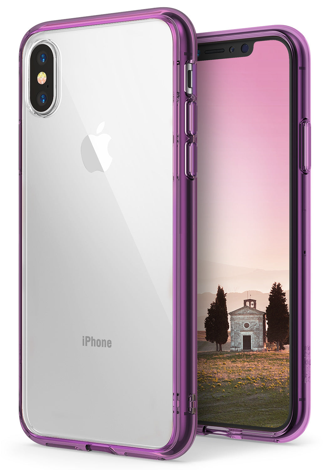 iPhone X Case | Fusion - Clear iPhone X case with a translucent orchid purple bumper frame shown from front and back.