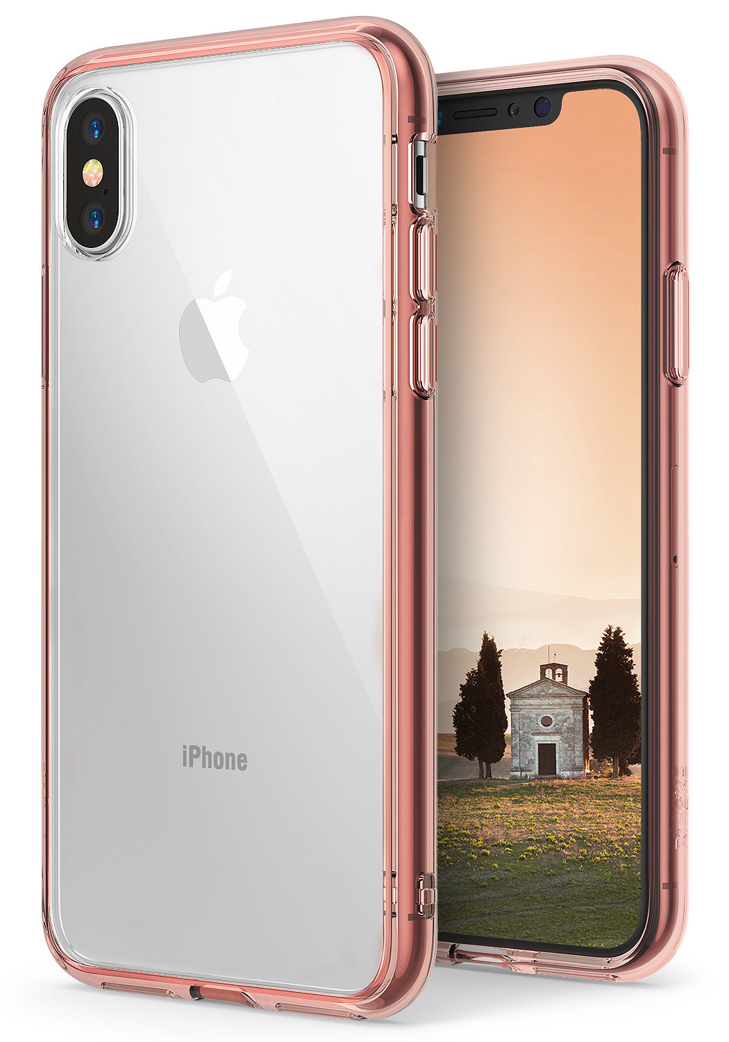 iPhone X Case | Fusion - Clear iPhone X case with a metallic rose gold bumper frame shown from front and back angles.