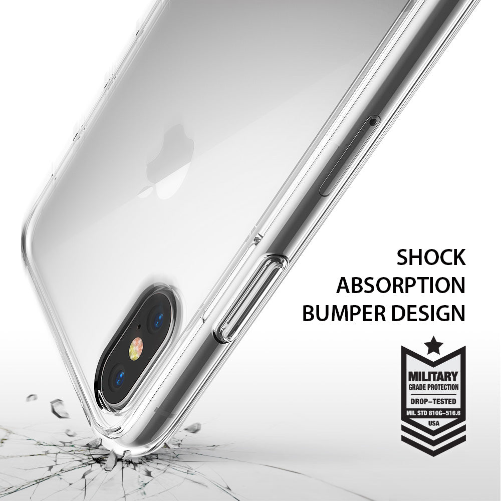 iPhone X Case | Fusion - Clear phone case on an iPhone X above shattered glass with text highlighting shock absorption and military-grade drop protection.