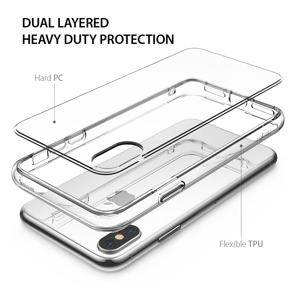 iPhone X Case | Fusion - Exploded view of a clear iPhone X case showing a hard PC back panel and a flexible TPU bumper.
