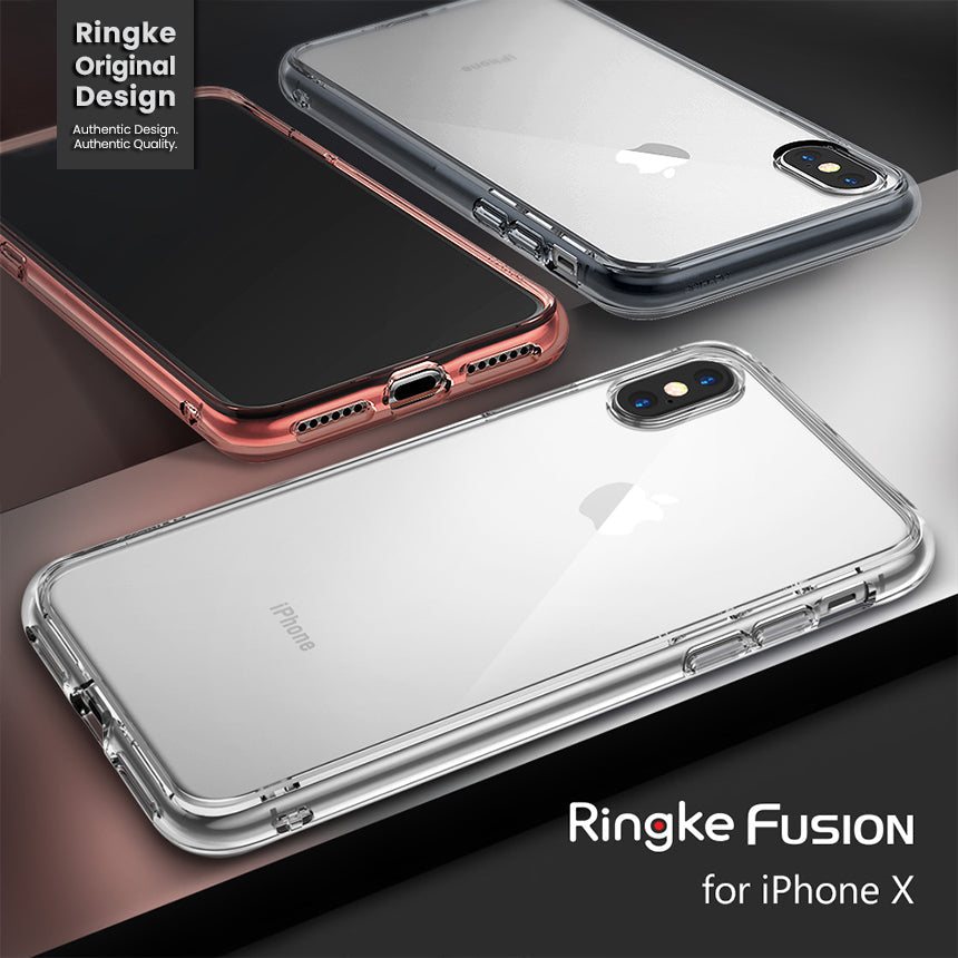 iPhone X Case | Fusion - Three iPhone X smartphones in clear and rose gold Ringke Fusion cases displayed on a split background.