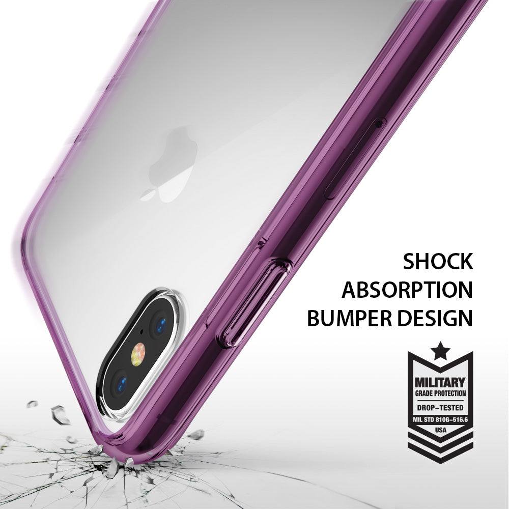 iPhone X Case | Fusion - Orchid purple bumper case on an iPhone X above a cracked surface with military-grade drop protection.