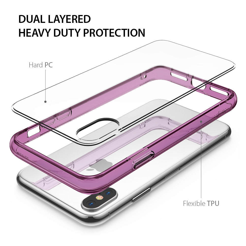 iPhone X Case | Fusion - Exploded view of a dual-layered purple phone case showing hard PC and flexible TPU components.