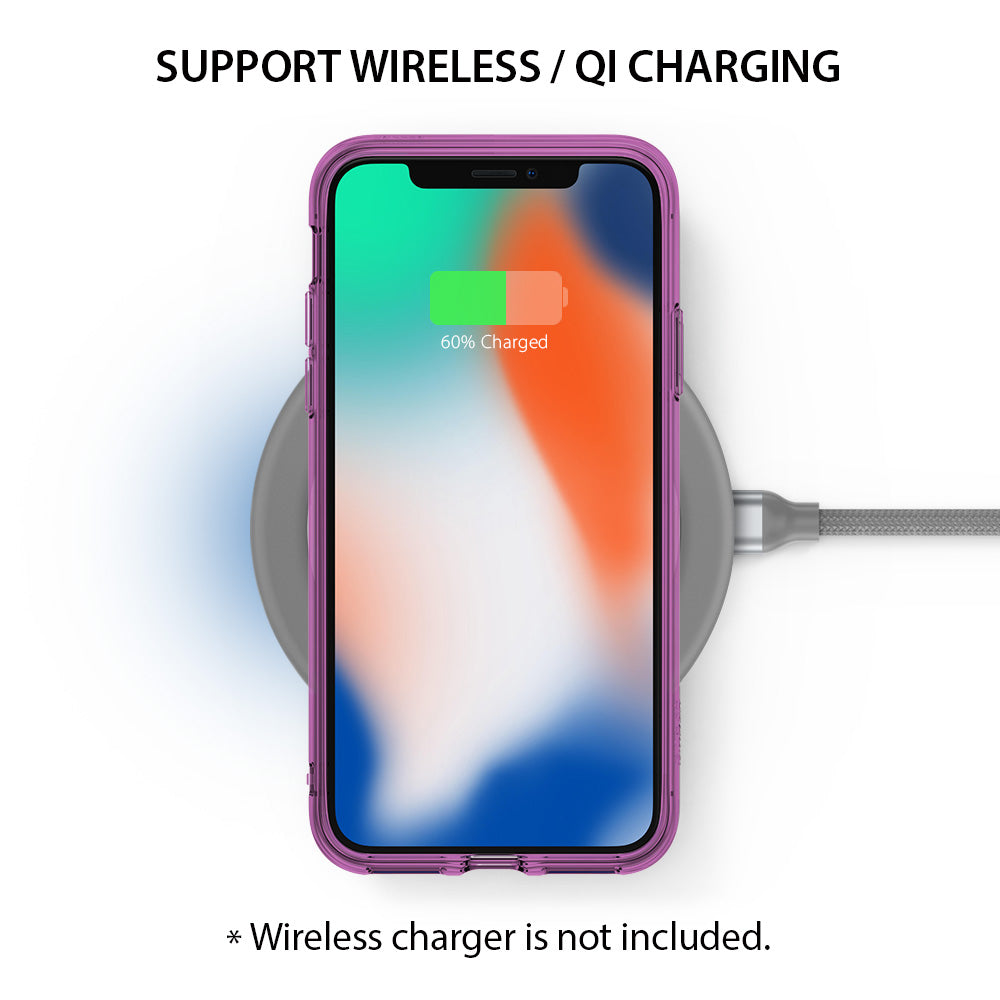 iPhone X Case | Fusion - Purple iPhone X in a clear case resting on a wireless charging pad showing a 60% battery icon.
