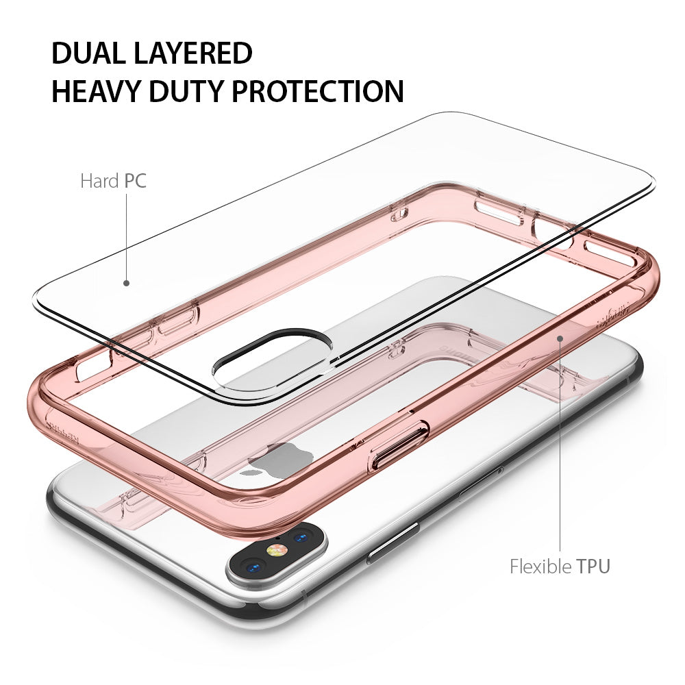 iPhone X Case | Fusion - Exploded view showing a rose gold TPU bumper and clear hard PC back panel for an iPhone X.