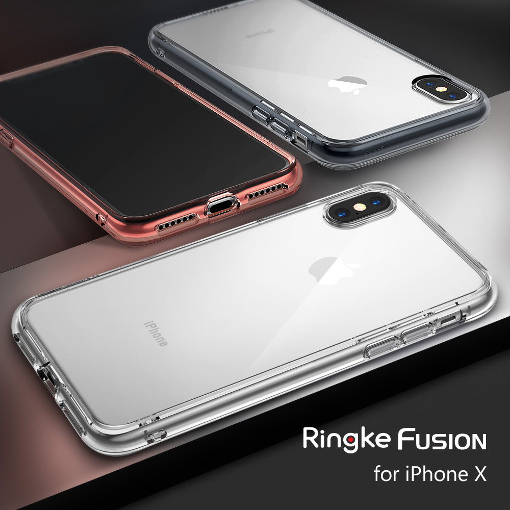 iPhone X Case | Fusion - Three iPhone X phones in clear and rose gold Ringke Fusion cases on a geometric background.