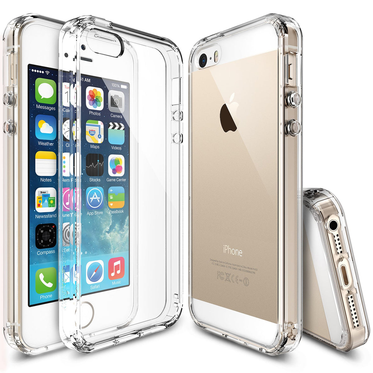 iPhone SE / 5s / 5 Case | Fusion - Clear protective cases shown on gold iPhones from front, back, and bottom angles.