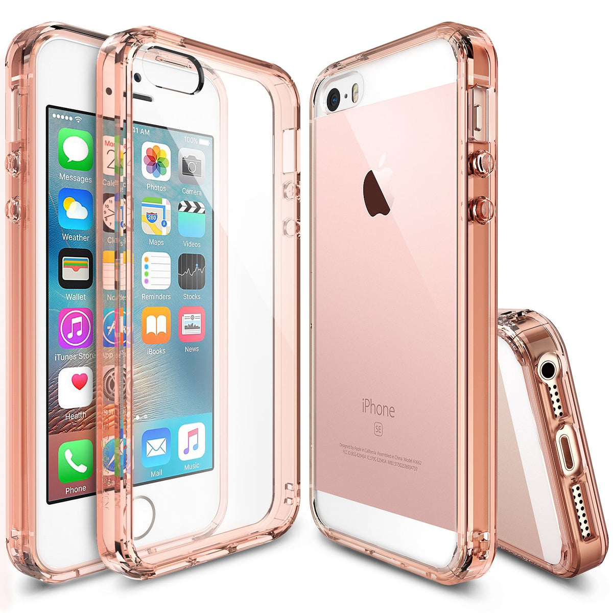 iPhone SE / 5s / 5 Case | Fusion - Rose gold clear protective case shown from front, back, and bottom angles on an iPhone.