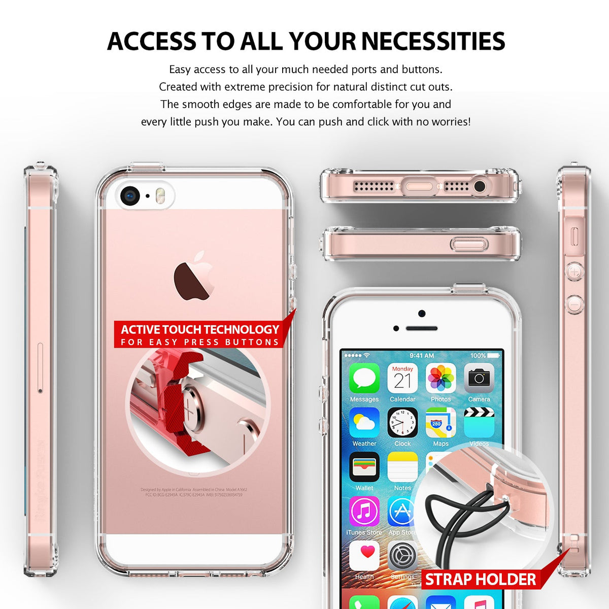 iPhone SE / 5s / 5 Case | Fusion - Clear phone case showing button cutouts, strap holder, and active touch technology.