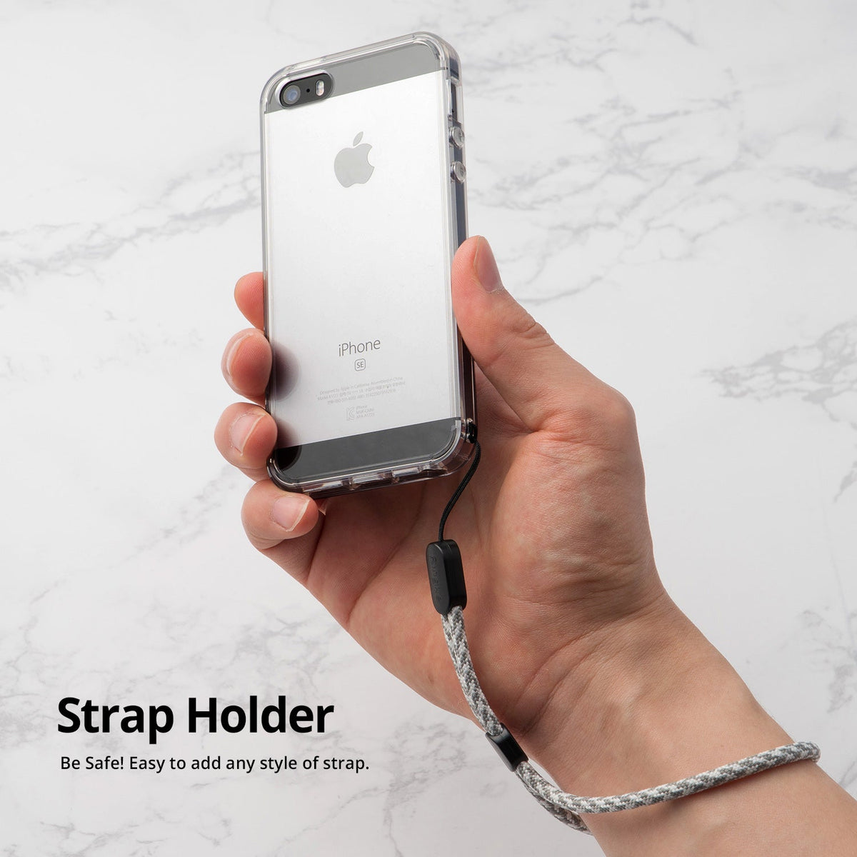 iPhone SE / 5s / 5 Case | Fusion - Hand holding a clear iPhone case with a grey braided wrist strap attached to the corner.