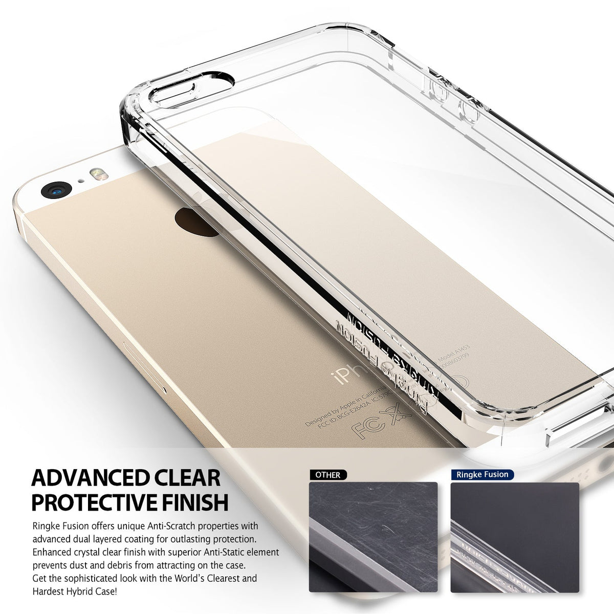iPhone SE / 5s / 5 Case | Fusion - Clear protective phone case hovering over a gold iPhone, highlighting scratch-resistant finish.