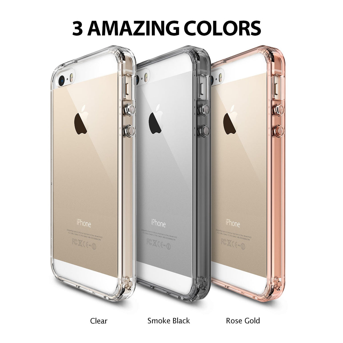 iPhone SE / 5s / 5 Case | Fusion - Three iPhone cases in clear, smoke black, and rose gold arranged side-by-side.