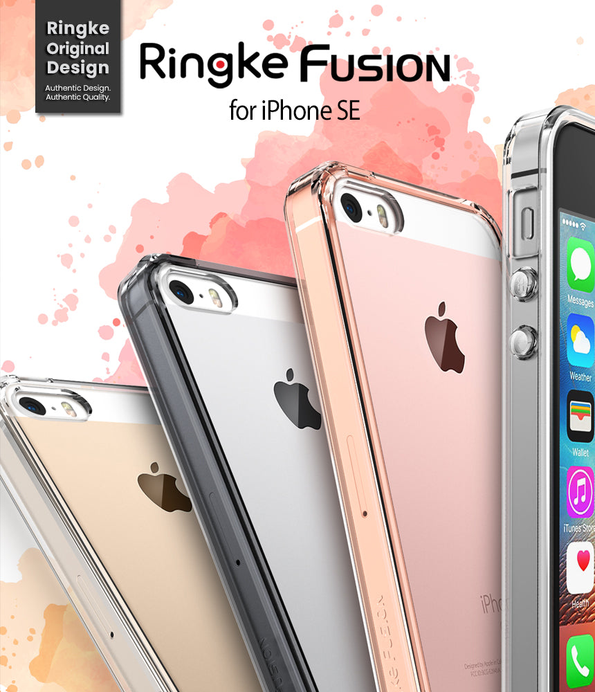 iPhone SE / 5s / 5 Case | Fusion - Three iPhone SE phones in clear, black, and rose gold cases against a watercolor background.