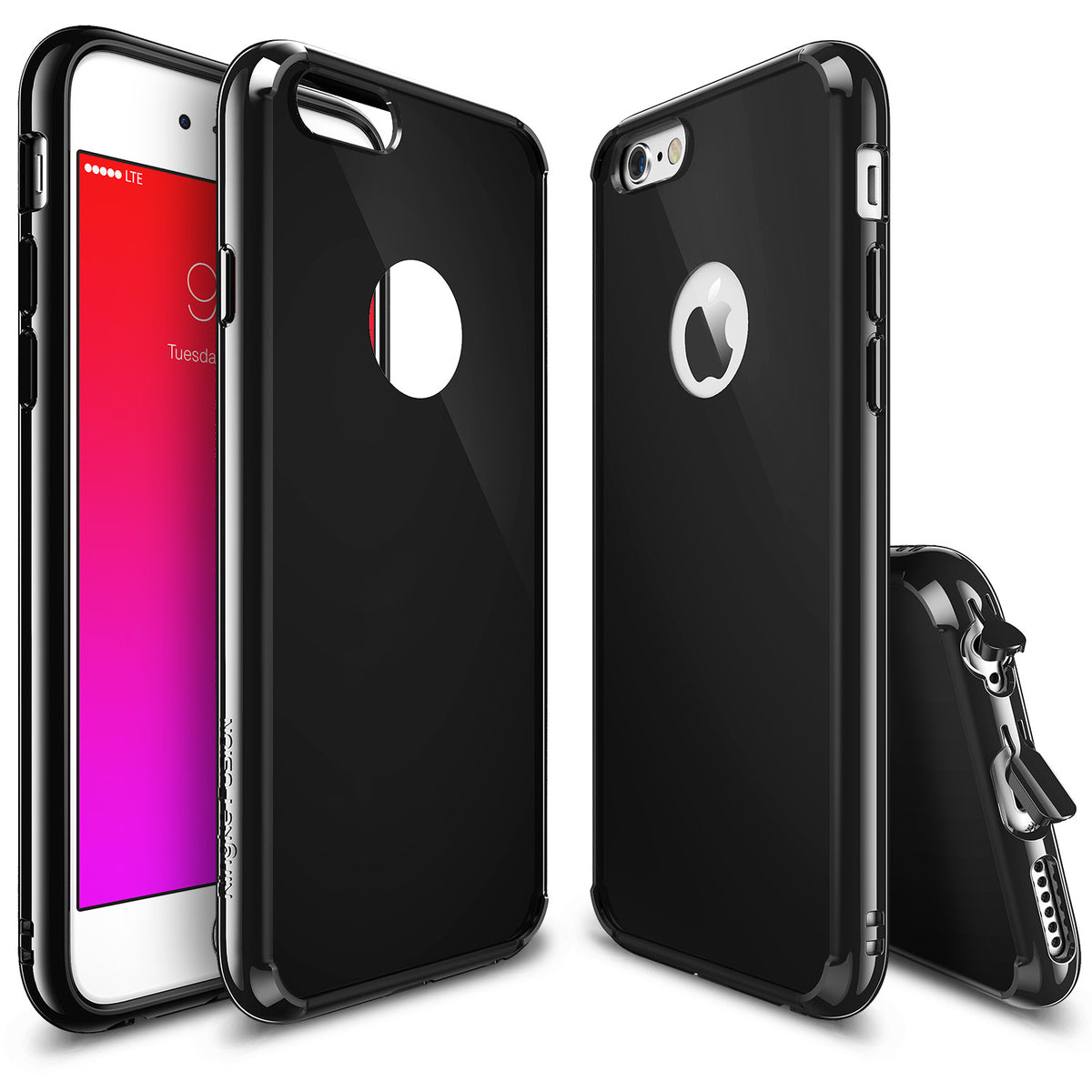 iPhone 6s Case | Fusion - Shadow Black - Three views of a black protective phone case with a clear back and port covers.