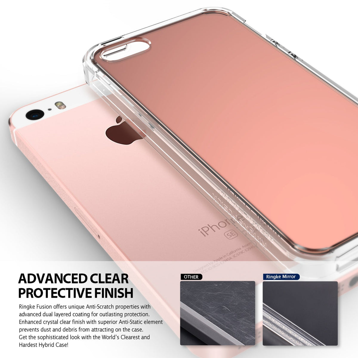 iPhone SE / 5s / 5 Case | Mirror - Rose gold iPhone SE with a clear, reflective mirror-finish protective case overlay.