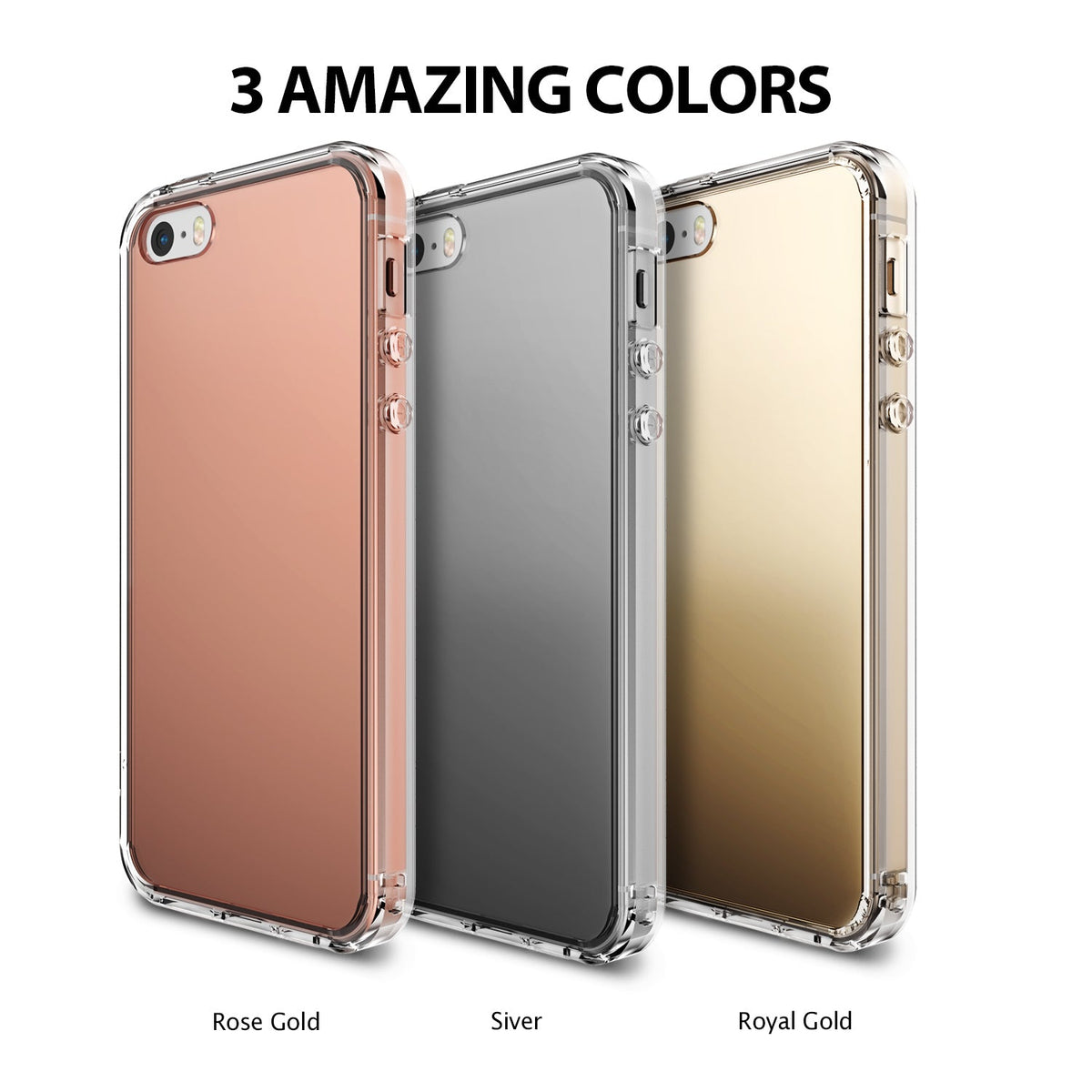 iPhone SE / 5s / 5 Case | Mirror - Three phone cases in rose gold, silver, and royal gold with clear bumpers.