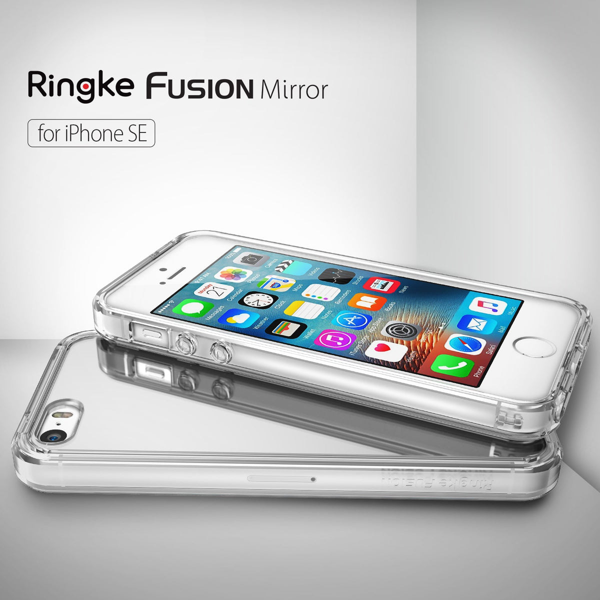 iPhone SE / 5s / 5 Case | Mirror - A clear Ringke Fusion mirror case on an iPhone SE against a white background.