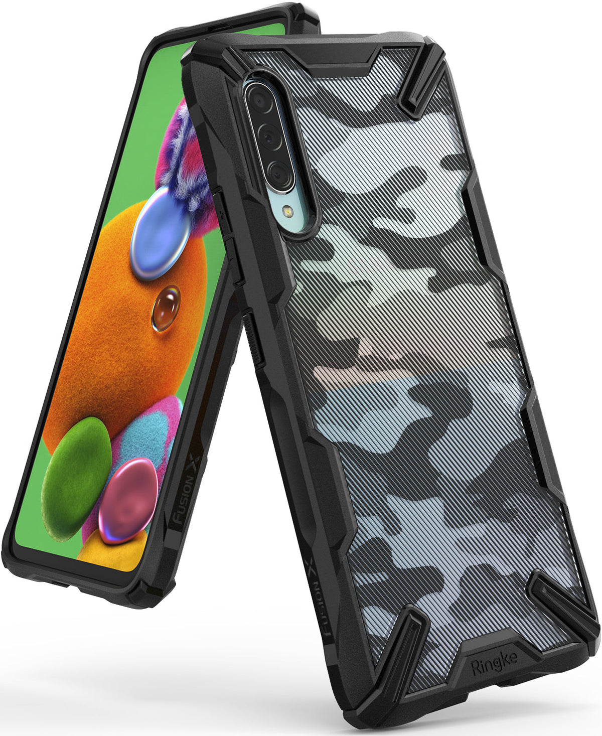Galaxy A90 5G Case | Fusion-X - Black rugged phone case with camo back pattern and reinforced corners on a smartphone.
