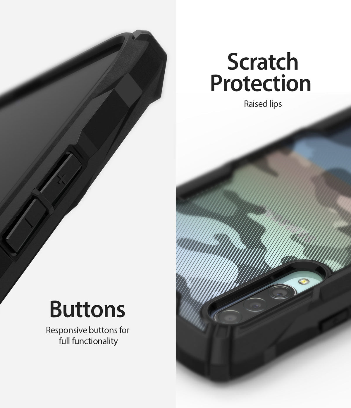 Galaxy A90 5G Case | Fusion-X - Close-up of phone case showing responsive side buttons and raised lips for camera protection.