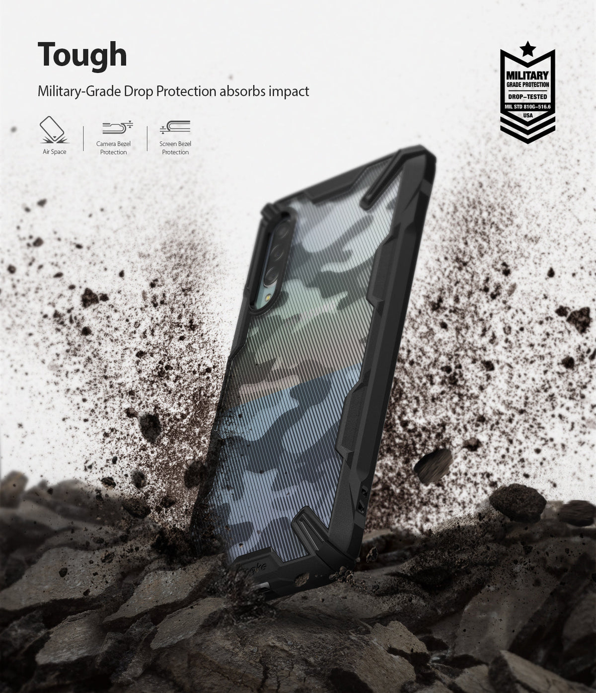 Galaxy A90 5G Case | Fusion-X - Camo phone case standing in dirt with debris flying, highlighting military-grade drop protection.