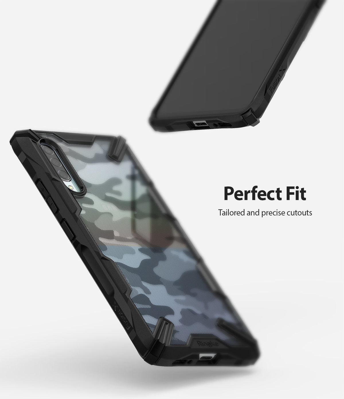 Galaxy A90 5G Case | Fusion-X - Black camo phone case with precise cutouts shown from multiple angles on a white background.