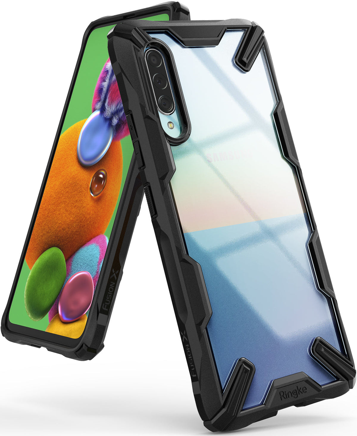Galaxy A90 5G Case | Fusion-X - Black rugged protective case with clear back panel shown from front and rear angles.